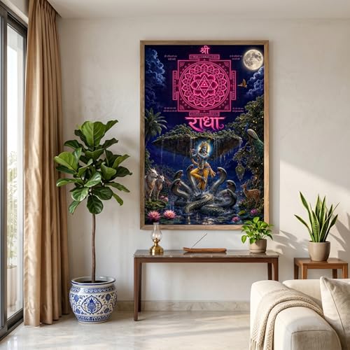 Image of Livin'luxe Radha Krishna Shree Yantra Wall Painting for Living Room Bedroom Pooja Room Decor with Premium Wooden Color Synthetic Frame, Spiritual Hindu Art Gift (13.5 x 19.5) NM01-4084