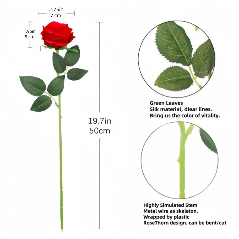 Waibejon 12 Pcs Artificial Roses, Red Fake Roses Artificial Flowers, with Stems Fake Artificials Red Rose Silk Flowers - Image 2