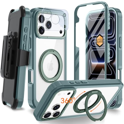 Coque iPhone 17 Pro antichoc verte compatible MagSafe avec protège-écran et clip ceinture