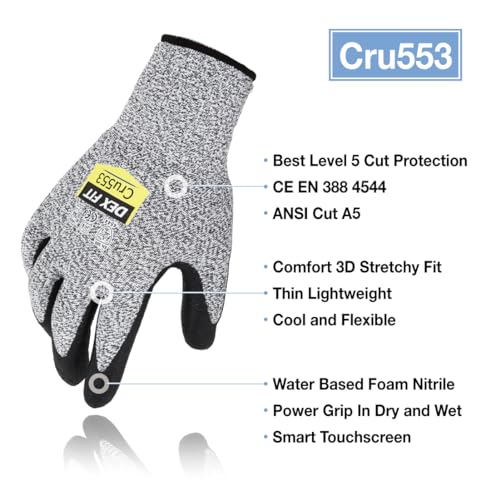 Image of DEX FIT Level 5 Cut Resistant Gloves Cru553, 3D Comfort Stretch Fit, Power Grip, Durable Foam Nitrile, Smart Touch, Machine Washable, Thin & Lightweight, Grey 10 (XL) 3 Pairs