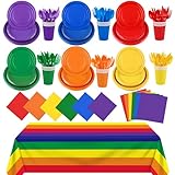 Kochorie 169 Pieces Rainbow Party Supplies Disposable Dinnerware Set Include Plates and Cups Napkins Plastic Forks Knives Spoons Tablecloth for Wedding Birthday Party Decorations, Serve 24 Guests