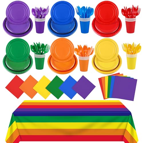 Kochorie 169 Pieces Rainbow Party Supplies Disposable Dinnerware Set Include Plates and Cups Napkins Plastic Forks Knives Spoons Tablecloth for Wedding Birthday Party Decorations, Serve 24 Guests Kochorie 169 Pieces Rainbow Party Supplies Disposable Dinnerware Set Include Plates and Cups Napkins Plastic Forks Knives Spoons Tablecloth for Wedding Birthday Party Decorations, Serve 24 Guests