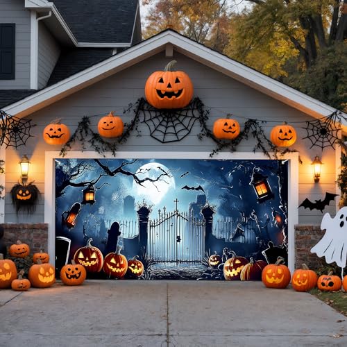 16 x 7 Ft Halloween Garage Door Banner Large Hanging Backdrop Door Cover Horror Spooky Garage Wall Background Decorations for Outdoor Holiday