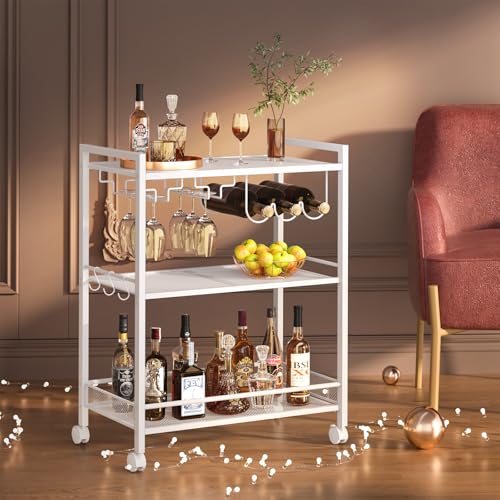 Image of Joaxswe Bar Cart,3-Tier Home Bar Serving Cart with Lockable Wheels,White | Microwave Cart,Mobile Kitchen Shelf,Rolling Beverage Cart with Wine Rack and Glass Holder for Kitchen,Dinning Room