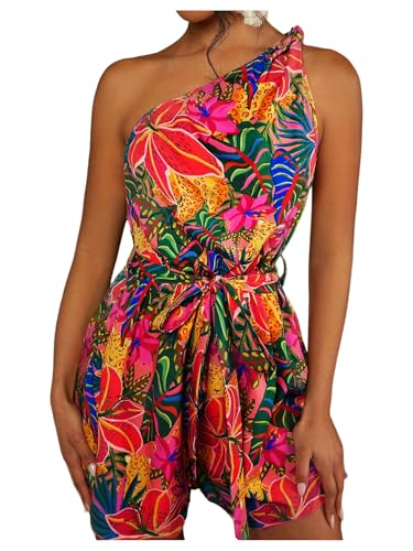SweatyRocks Women's One Shoulder Tropical Print Romper Sleeveless Asymmetrical Shorts