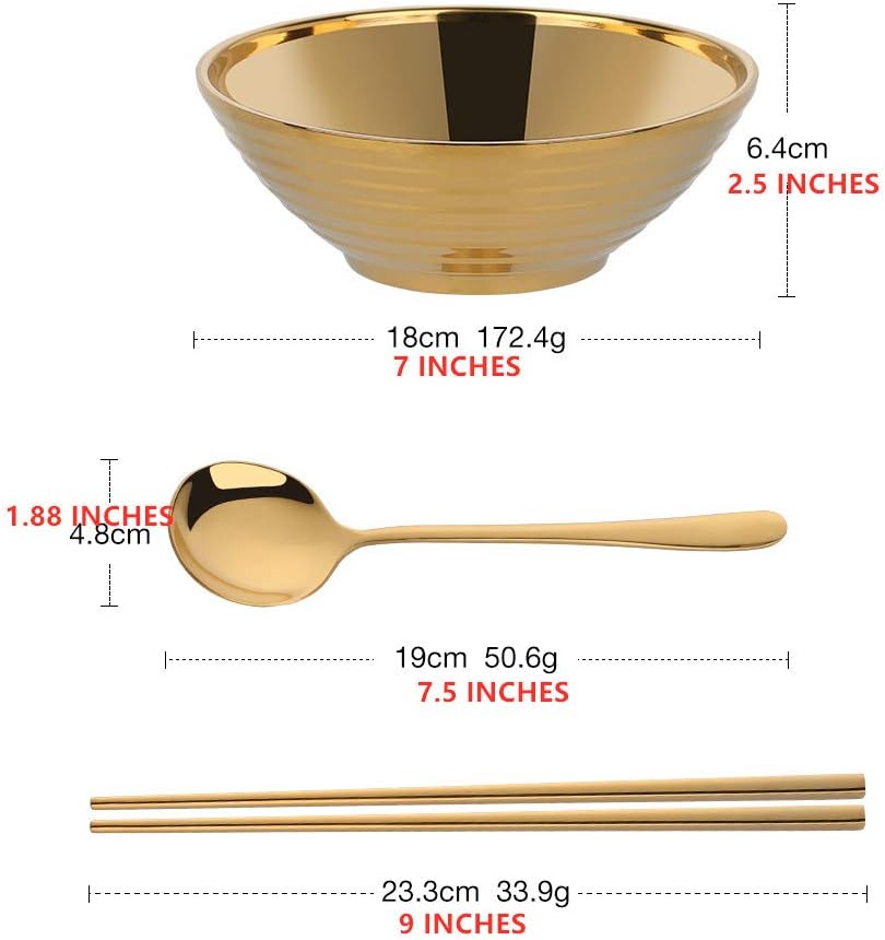QIBORUN 2 Pack 18/8 Stainless Steel Bowl Soup Bowl Stainless Steel Ramen Bowls Includes Chopsticks Stands And Spoons Japanese Style Soup Bowl for Home Restaurant -Gold