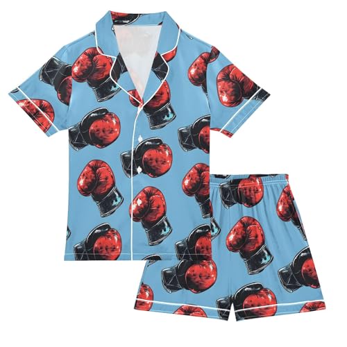 Boxing Gloves Pattern Pajamas Set Summer Button Down Sleepwear Pjs Sets Comfy Loungewear