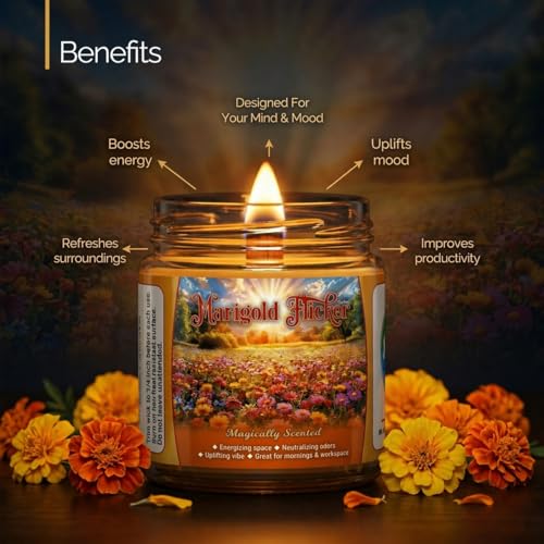 Image of Scented Candle (142g)| Marigold Flicker Glass Jar Scented Candles with Wooden Wick | Long Lasting Aromatic Fragrance for Home Decor