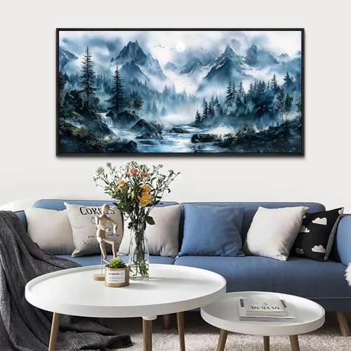 ERQINHUA Large Wall Decor For Bedroom Black Framed Canvas Wall Art For Living Room Office Decorations Misty Forest Wall Paintings Tree Landscape Pictures Artwork Modern Home Decor 30x60 Inches
