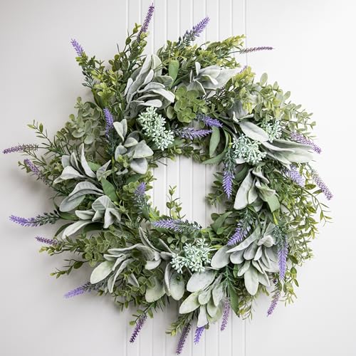 Perfnique Spring Summer Wreaths for Front Door 50 cm Lambs Ear Wreath with Lavender Flowers and Eucalyptus Leaves Green Artificial Wreath for Door Window Farmhouse Wreath for Wall Decor (Lavender)