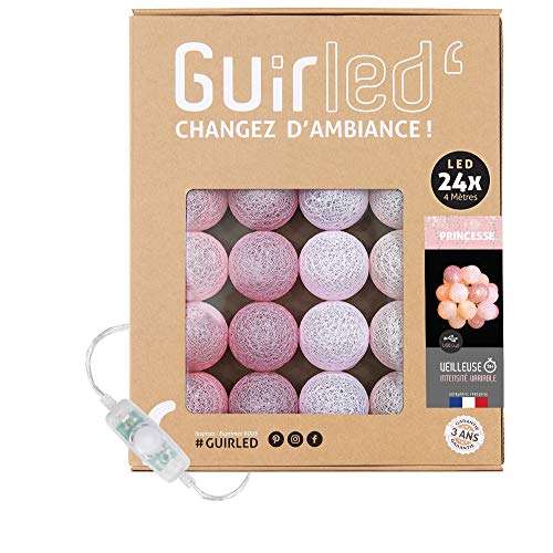 GuirLED - Guirlande lumineuse boules coton LED USB - Veilleuse bébé 2h - Adaptateur secteur double USB 2A inclus - 3 intensités - 24 boules 2.4m - Princesse