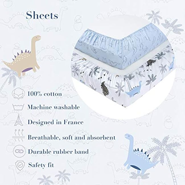 100% Cotton Crib Fitted Sheets for Baby Boys and Girls, Dinosaur - Breathable Toddler Bed Sheet Set - Dino Safari, 28x52 with 8 Deep Pocket, Blue-White, 2 Pack