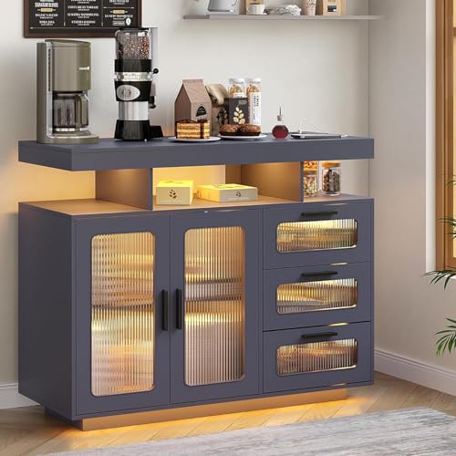 Coffee Bar Cabinet with Storage Buffet Sideboard with RGB Light Modern Coffee Bar Table with Charging Station