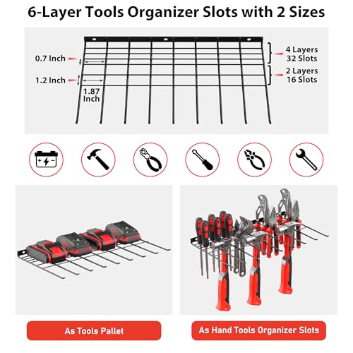 JUNNUJ-2-Pack-Power-Tool-Organzier-Wall-Mount-Heavy-Duty-8-Drill-Holder-Garage-Drill-Storage-Rack-Utility-Metal-Tools-Shelf-with-6-Layer-Slots-for-Screwdriver-Plier-and-Hammers-Organization-Black