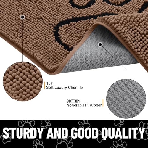 Image of Smiry Dog Door Mat for Muddy Paws, Absorbent Dirt Trapper Non Slip Quick Dry Washable Chenille Mat for Mud Dogs, Entry Rug for Indoor and Outdoor (71x46 Inches, Coffee and Black)