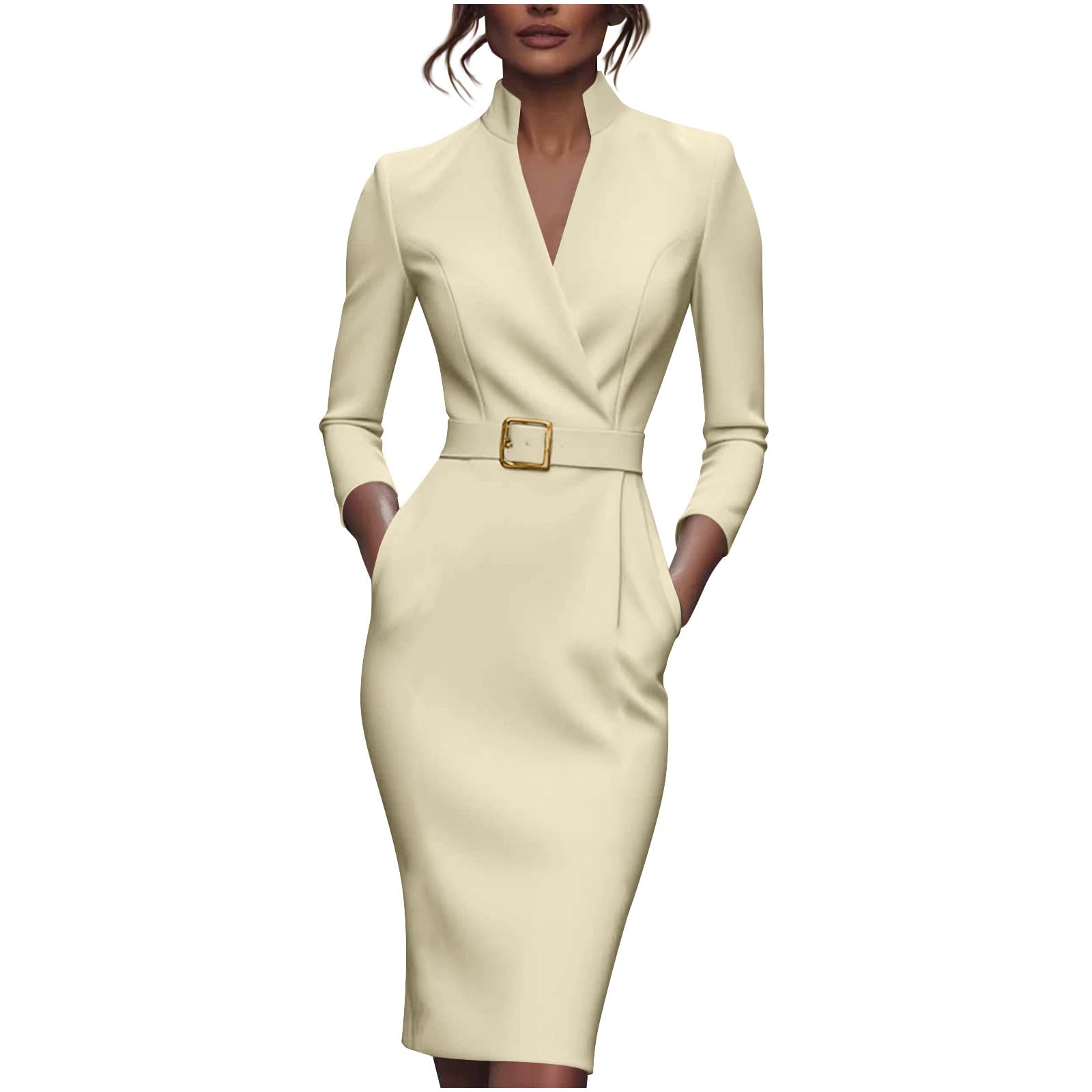 HGps8w Womens Stand Collar Wear to Work Pencil Dresses Elegant V Neck Long Sleeve Business Cocktail Dress with