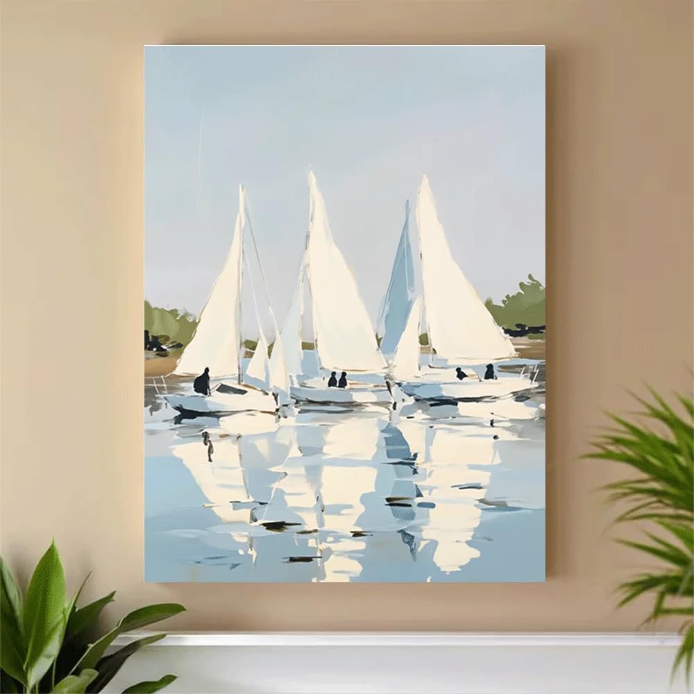 GKUVBF Voiliers sur eau calme et réfléchissante, impression sur toile, paysage côtier serein, affiche décorative pour salon (60 x 80 cm/cadre intérieur)