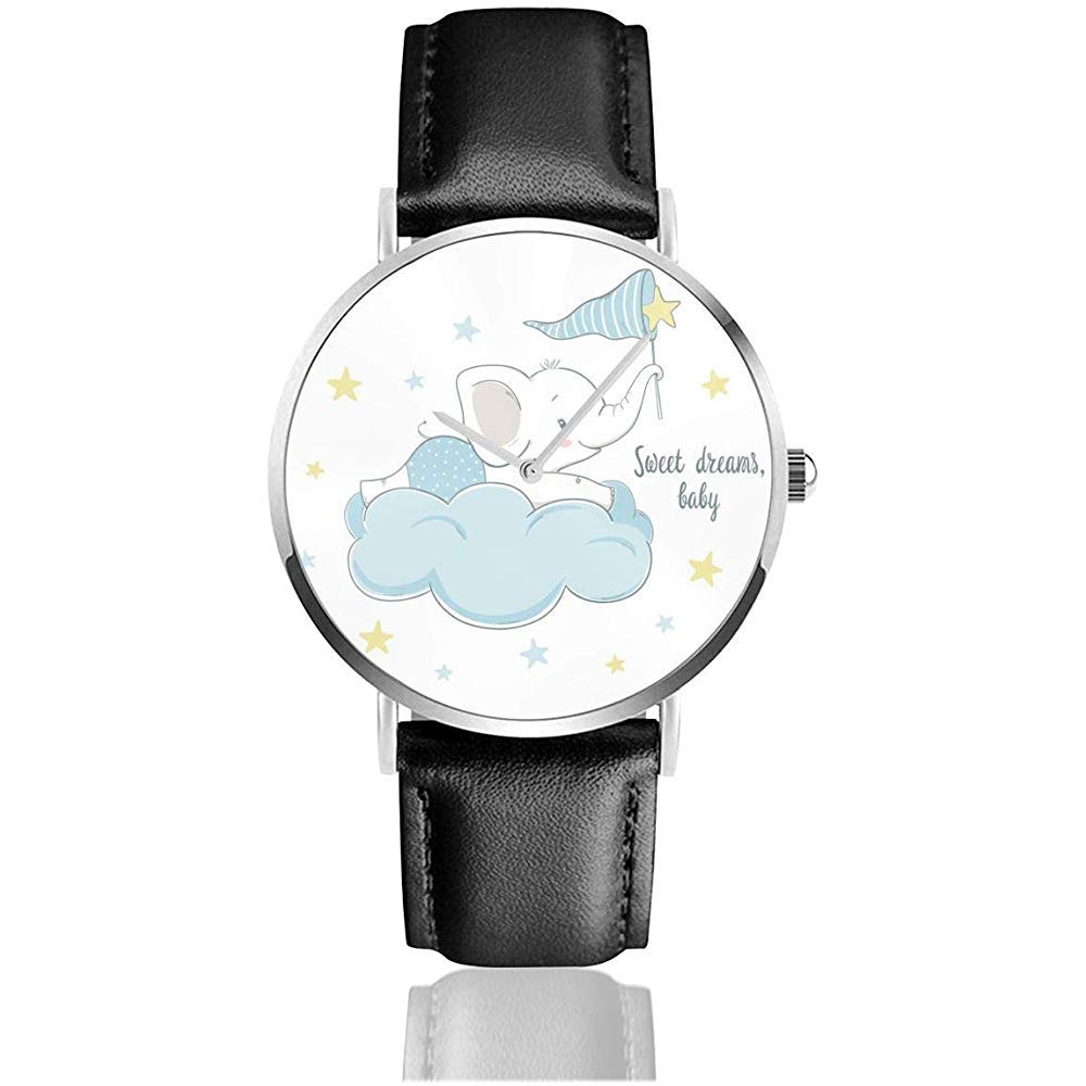 Little Elephant On The Cloud Women Men Casual PU Leather Strap Watch Wrist Watch Black