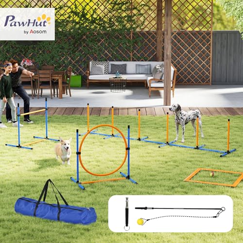 PawHut Agility Set Hunde 7-teilig Agility-Ausrüstung für Hundetraining Steckhürdenset mit Slalomstangen Sprunghoop 2 Bälle höhenverstellbar Hürden Koordinationstraining für Spiele Training
