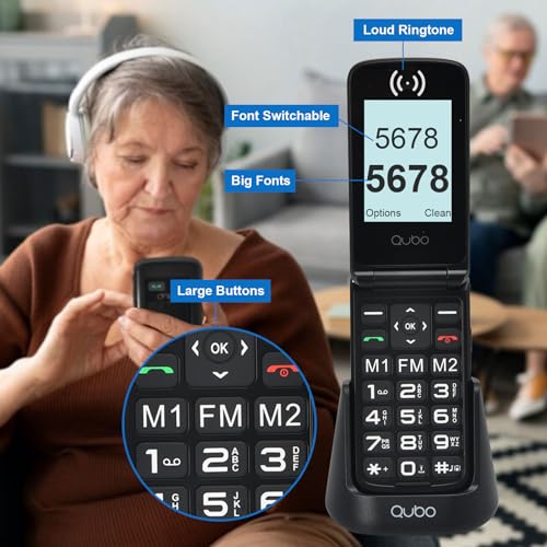 Qubo Flip Handy für Senioren GSM, Handy für Senioren, 2,4 Display, hohe Lautstärke, SOS-Funktion, Dual-SIM-Unterstützung, Schnellwahl, FM-Radio, Taschenlampe, Ladestation, Schwarz