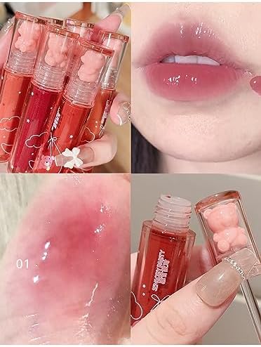 6 Colors Bear Hydrating Lip Gloss Liquid Lipstick Set Cute Bear Jelly Lipstick Moisturizing Sweet Lip Glaze Set Bear Beauty Makeup (A)