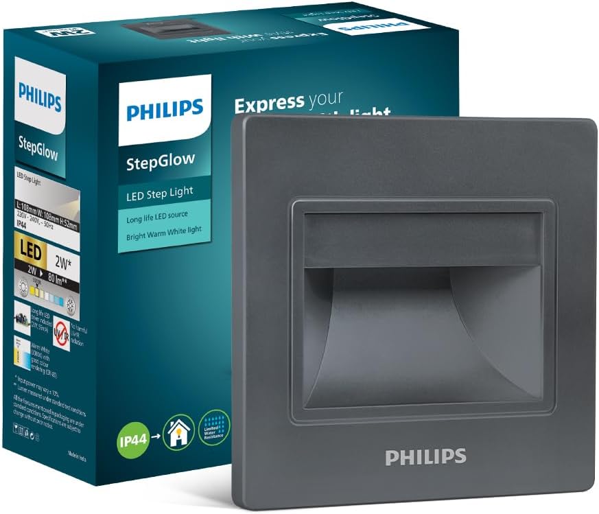 Philips 2W Decorative LED Step Light | StepGlow Surface Mounted Anthracite Outdoor LED Stair Light | Warm White, Pack of 1-Acrylonitrile Butadiene Styrene