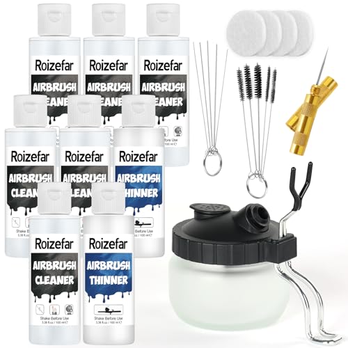 Roizefar Airbrush Reinigungsset, 6 Airbrush Reiniger und 2 Verdünner (je 100ml) mit Glasreinigungstopf, effektiv entfernen Sie Acrylfarbe auf Wasserbasis, Airbrush Cleaner Kit für Airbrush und