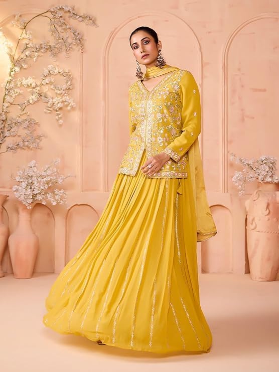 Women's Georgette Beads Embroidery Work Salwar Suit Anarkali Kurta Set with Dupatta Chinnon Silk