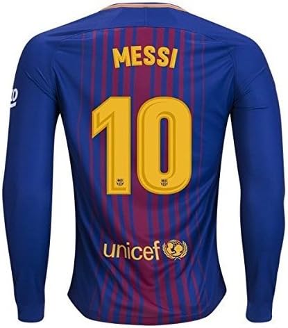 Aliceoffice Barcelona #10 Messi Home Men Soccer Jersey Long Sleeve 2017-2018 Red/Blue Size S