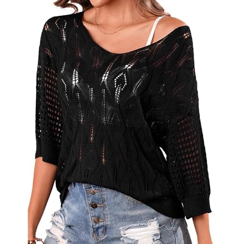 Totatuit Womens 3/4 Sleeves Crochet Hollow Out Knit Tops Summer Fashion Swimwear Beach Cover Ups Trendy 2026 Black Large