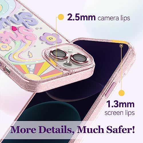 Image of Designed for iPhone 14 Case Pink Glitter Clear - Cute Bling Phone Case with Wrist Strap - Aesthetic Y2K Case for Woman, Girl 6.1 inch (She Shines)