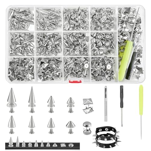 600 PCS Metal Studs and Spikes for Clothing 8 Size Cone Spikes and Pyramid Studs Screwback Studs Rivets Punk Accessories Kit for DIY Punk Style Clothes Bags Purse Collar Leather Craft