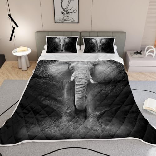 MILANKET 3 Piece Elephant Quilt Set, Black and Gray African Elephant Pattern Bedspread, Microfiber Soft Quilt Coverlet Set with Decor Pillow, Elephant Gifts for Kids Women Men (King)