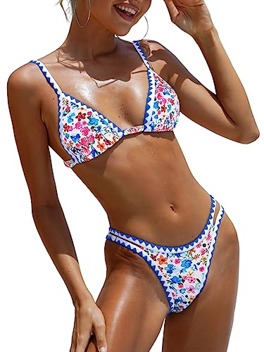 Image of BIKINX Womens Swimsuits Sexy Thong Micro Bikini Ditsy Floral Two Piece Sets Bathing Suit Color Block Bandeau Swim Top
