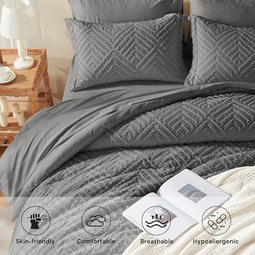 Image of Zzlpp Full Comforter Set 7 Pieces, Dark Grey Tufted Bed in a Bag with Comforter and Sheets, All Season Boho Bedding Sets with Comforter, 2 Pillow Shams, 2 Pillowcases, 1 Flat Sheet, 1 Fitted Sheet