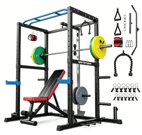 Image of SPORTSROYALS Power Rack, Multi-Functional Power Cage, Squat Rack with Pulley System & LAT Pull Down, Workout Cage with J Hooks for Home Gym