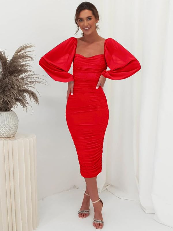 Haibang Robe de Soiree Femme Sexy Robe Moulante en Maille à Manches Longues et Col Carré Mini Robes Courtes Élégante Robe pour Cocktail Party Fête Club Bal Mariage Soirée