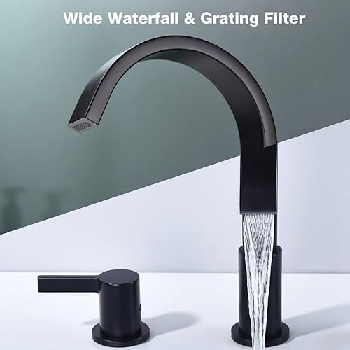 Miniatura 4 de TRUSTMI Grifo de baño negro mate con 2 manijas de 8 pulgadas extendido de 3 agujeros de latón con desagüe emergente de desbordamiento y líneas de