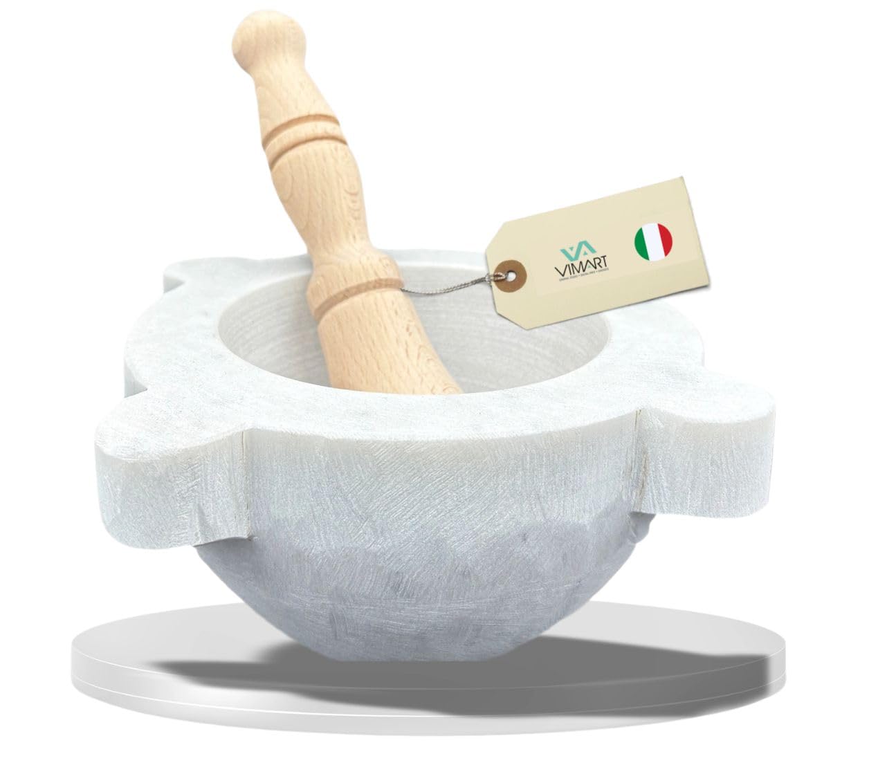 Mortaio e Pestello in Vero Marmo Bianco di Carrara – Lavorazione Artigianale Fatta a Mano – Set Professionale per Pesto, Spezie ed Erbe Aromatiche – Design Elegante e Stabile (19 cm)