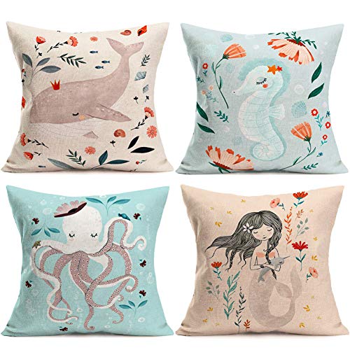 Yangyulu Summer Ocean Theme Decorative Throw Pillow Covers Floral Whales Seahorses Octopus Mermaids Marine Animals Home Decor Cotton Linen Cushion Cases For Patio Sofa Couch 18X18 Set 4 (Ocean Theme) #TOP2