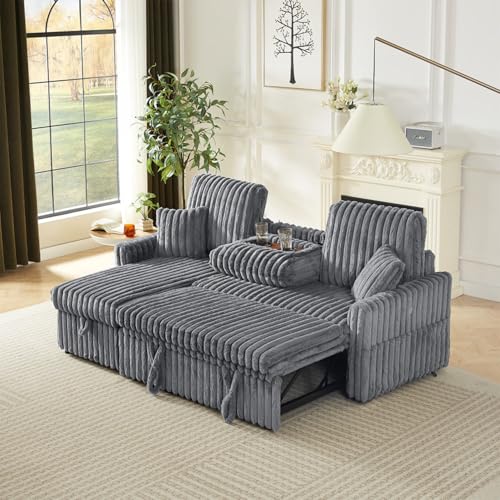 Image of KCGKCG 81 inch Sectional Sleeper Sofa Bed, Pull Out Couches for Living Room | Pull Out Sofa Bed with Storage Chaise, Dual Cup Holders, Side Storage Pocket, Charging Station, Plush Corduroy Fabric