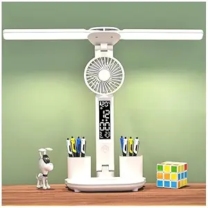 Rasdion Desk Lamp/Light with Fan and 2 Pen Holder and Display, USB Rechargeable Study Lamp, 3 Modes LED Night Desk Light Perfect for Home Office, Dorms, and Kids' Rooms, Study Room