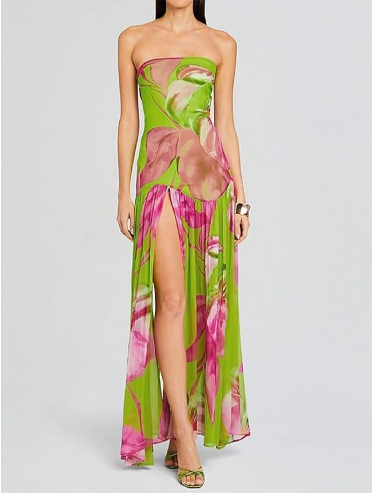 Image of Willow Dance Women Tube Top Dress Printed Mesh Patchwork Maxi Dress Strapless Sexy High Slit Long Dresses Party Clubwear