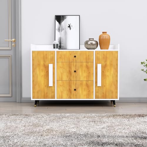 Image of Bniture Wooden Sideboard Cabinet for Living Room | Wooden Storage Cabinet with 2 Door & 3 Drawer | Engineered Wood Multipurpose Cabinet with Spacious Shelves for Home | Frosty White & Giant Wood