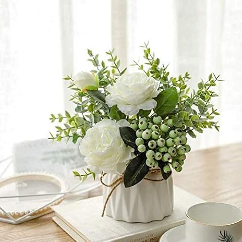 NAWEIDA Artificial Flowers with Small Ceramic Vase Silk Roses Fake Plants Eucalyptus Leaves Berries Flower Arrangements Decorations for Home(White) Cover