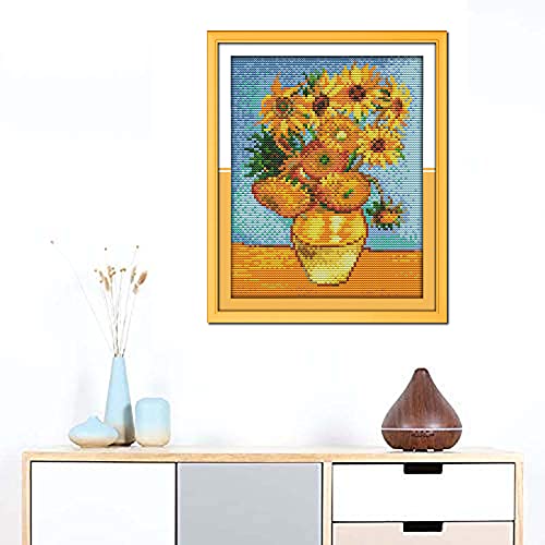 Image of OWN4B Cross Stitch Kits Pre Printed, Van Gogh's Sunflower Painting Stamped Pattern 11CT 9.4 x12.6 inch DIY Embroidery Kit