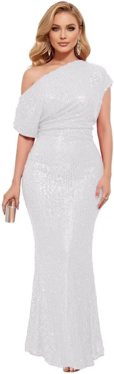 Sparkly Sequin Mermaid Prom Dresses for Women One Shoulder Formal Evening Dress Long Cocktail Party Gown