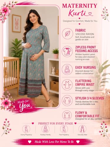 Image of RITIJYA Zipless Feeding Kurta Dress for Women | Maternity Nursing Kurti, No-Zip Easy Access | Extra Pleats Pre to Post Pregnancy | Quick-Dry Fabric | S-4XL