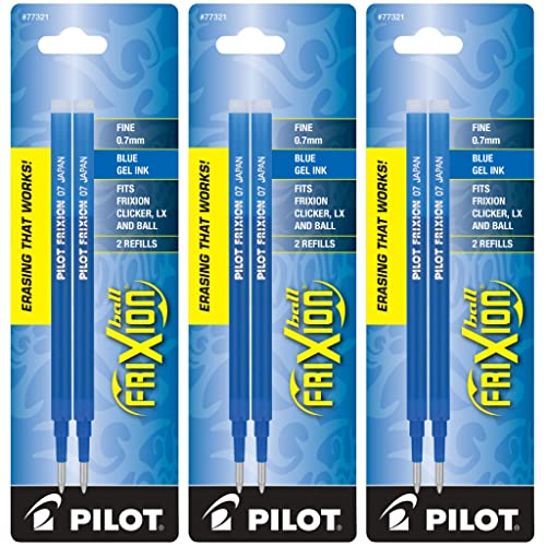 Image of Pilot, FriXion Ball Gel Ink Refills for Erasable Pens, Fine Point 0.7 mm, Pack of 6 (3 Packs of 2), Blue
