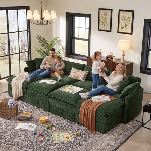 Image of Ihanherry 8 Seater Sectional Sofa Bed, Oversized Modular Cloud Couch with Ottomans, Chenille Sleeper Couches(Dark Green)